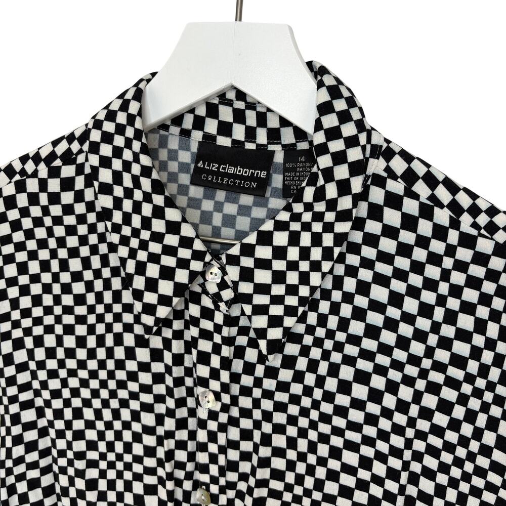 Y2K Black White Checkered Rayon Long Sleeve Button Up Shirt - Women's Size 14